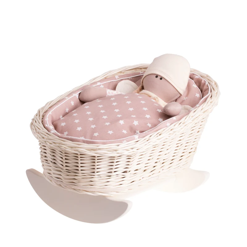 Mimi wicker cradle for dolls with beige lining, pillow and quilt TheWickerStories