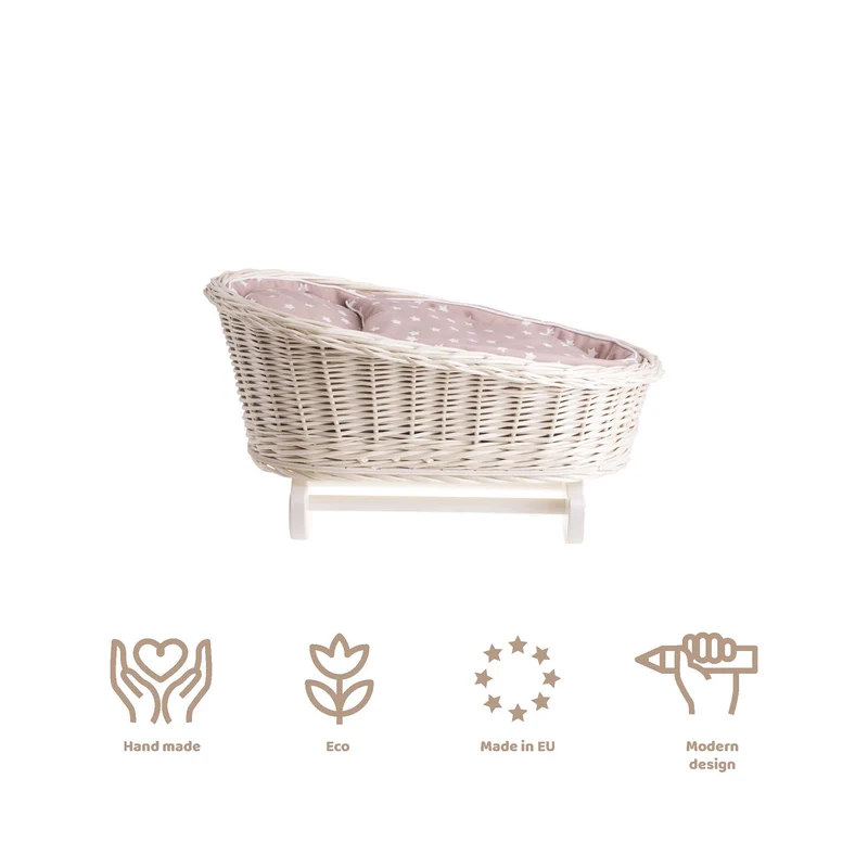 Mimi wicker cradle for dolls with beige lining, pillow and quilt TheWickerStories