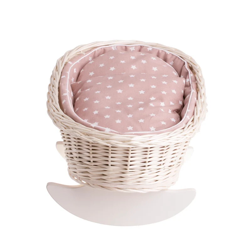 Mimi wicker cradle for dolls with beige lining, pillow and quilt TheWickerStories