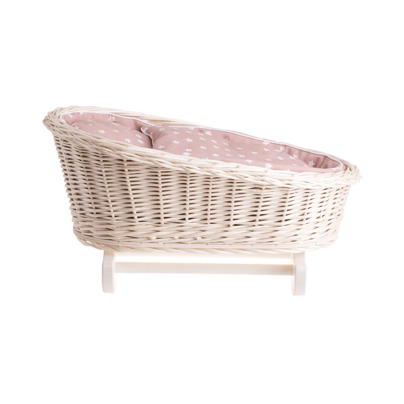Mimi wicker cradle for dolls with beige lining, pillow and quilt TheWickerStories