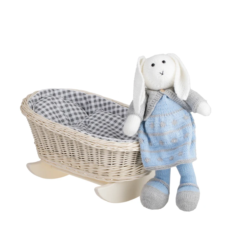 Mimi wicker cradle for dolls with gray lining, pillow and duvet TheWickerStories