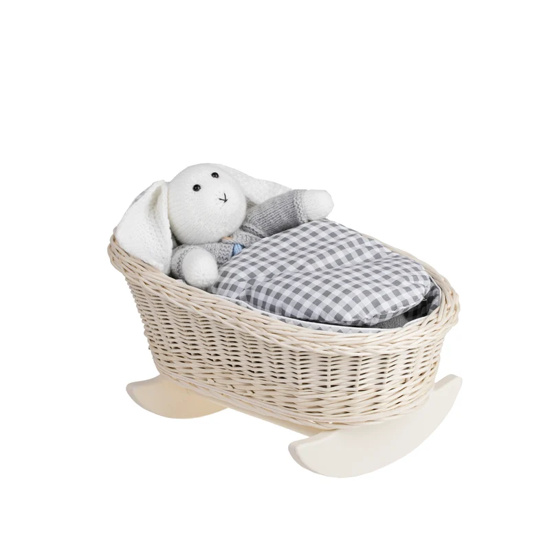 Mimi wicker cradle for dolls with gray lining, pillow and duvet TheWickerStories
