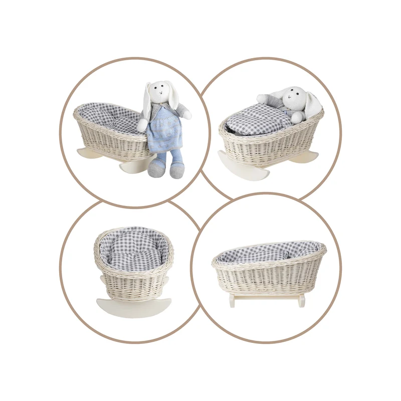 Mimi wicker cradle for dolls with gray lining, pillow and duvet TheWickerStories