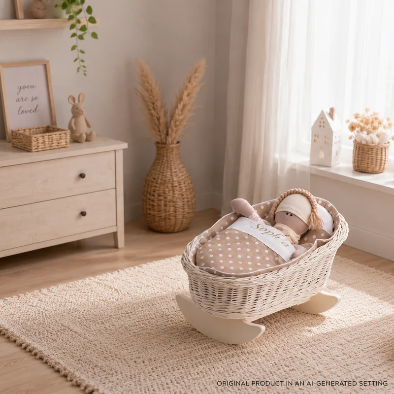 Mimi wicker cradle for dolls with personalization, beige lining, pillow and duvet TheWickerStories