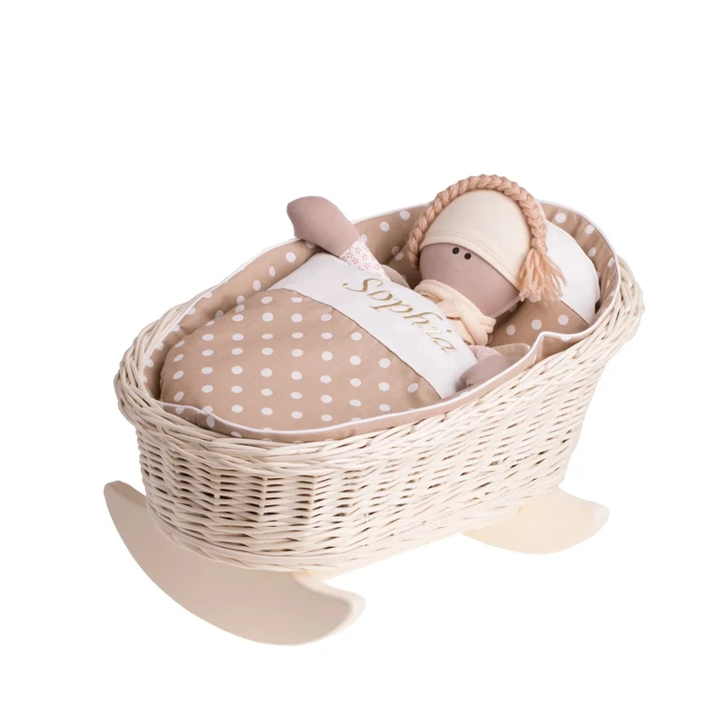 Mimi wicker cradle for dolls with personalization, beige lining, pillow and duvet TheWickerStories