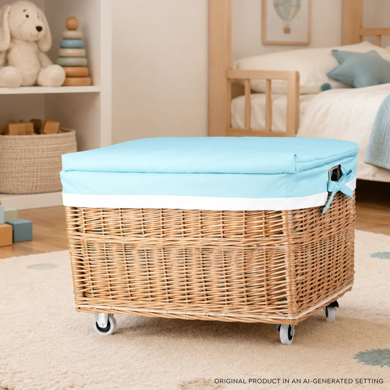 Cervus large mobile rectangular wicker storage basket with lid and trim TheWickerStories