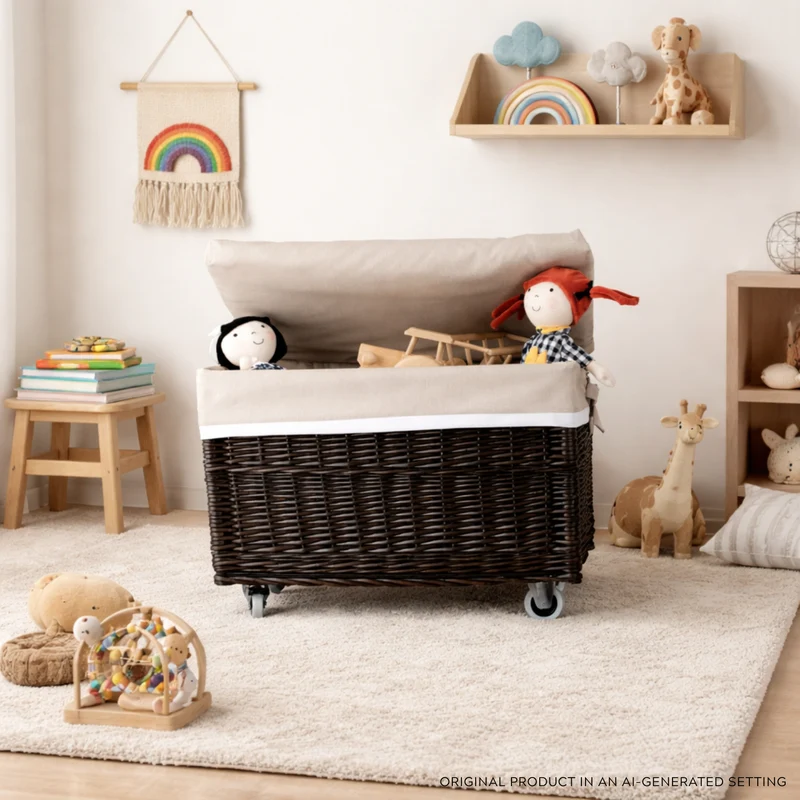 Cervus large portable rectangular storage basket, wicker basket with lid and trim TheWickerStories