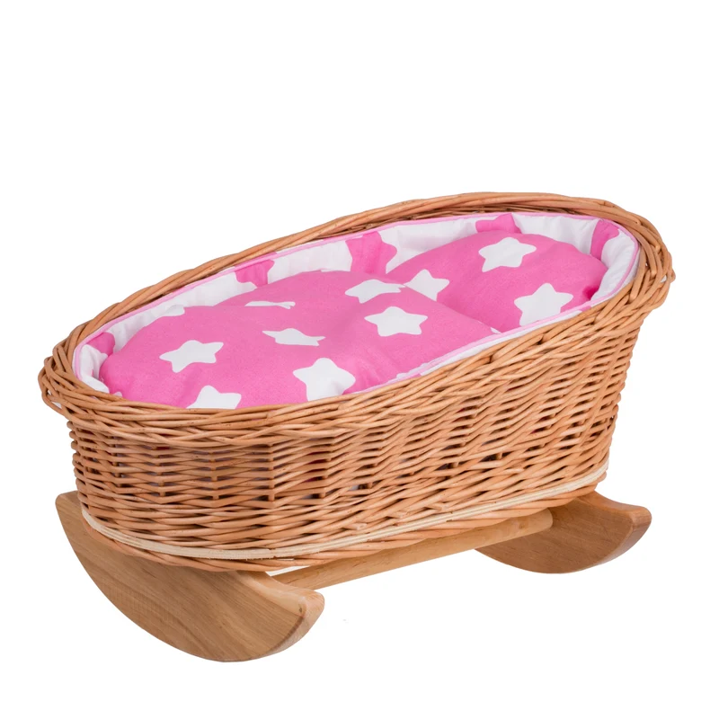 Mimi wicker cradle for dolls with pink lining, pillow and duvet TheWickerStories