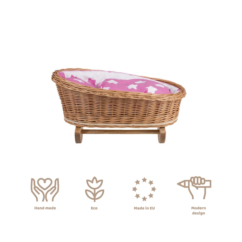Mimi wicker cradle for dolls with pink lining, pillow and duvet TheWickerStories