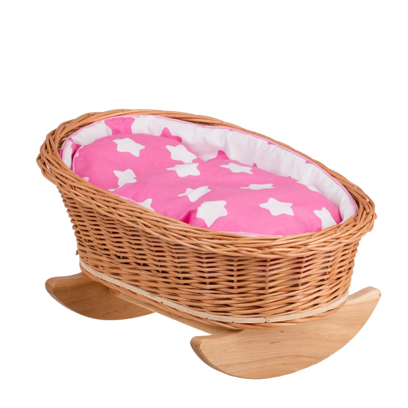 Mimi wicker cradle for dolls with pink lining, pillow and duvet TheWickerStories
