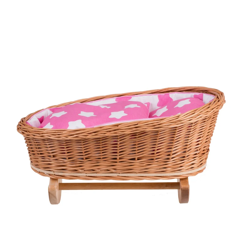 Mimi wicker cradle for dolls with pink lining, pillow and duvet TheWickerStories