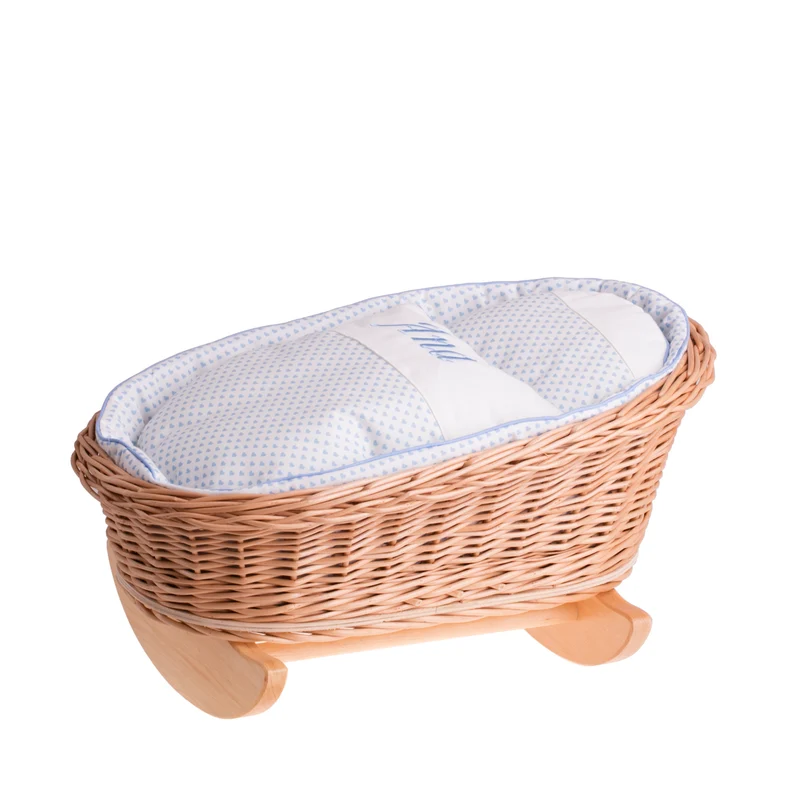 Mimi wicker cradle for dolls with personalization, blue lining, pillow and duvet TheWickerStories