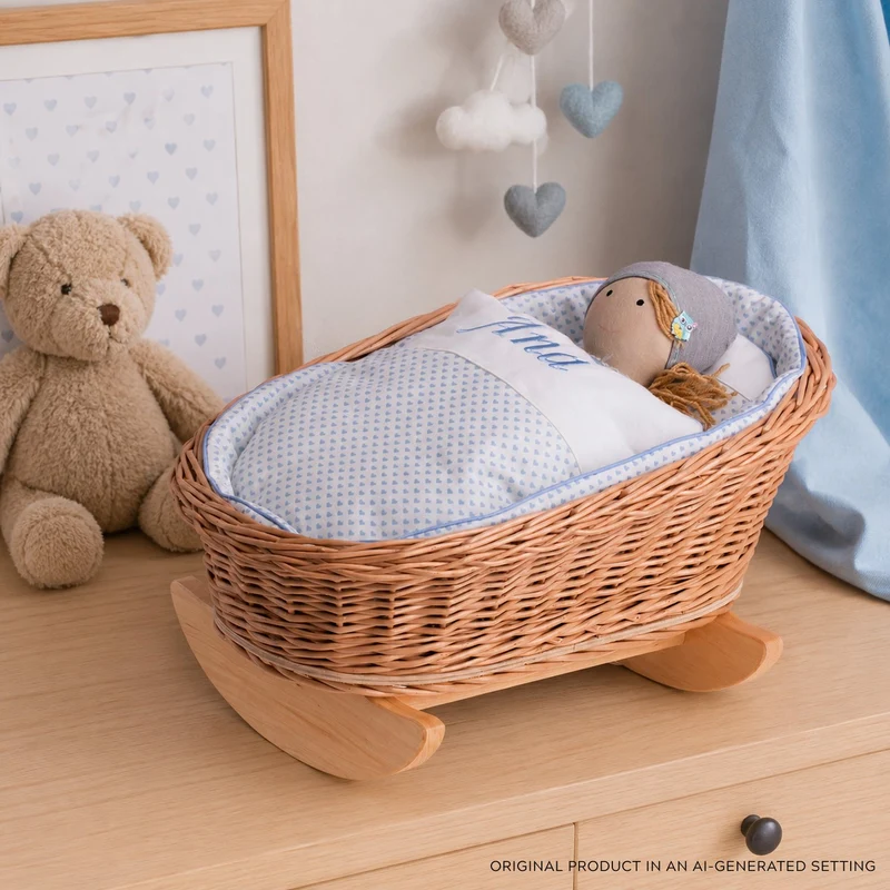 Mimi wicker cradle for dolls with personalization, blue lining, pillow and duvet TheWickerStories