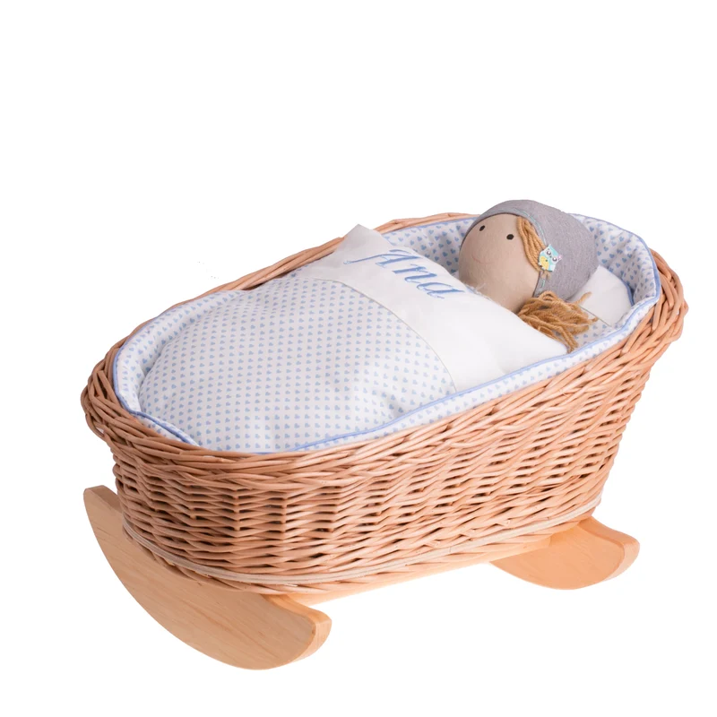 Mimi wicker cradle for dolls with personalization, blue lining, pillow and duvet TheWickerStories