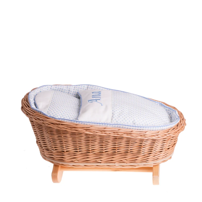 Mimi wicker cradle for dolls with personalization, blue lining, pillow and duvet TheWickerStories