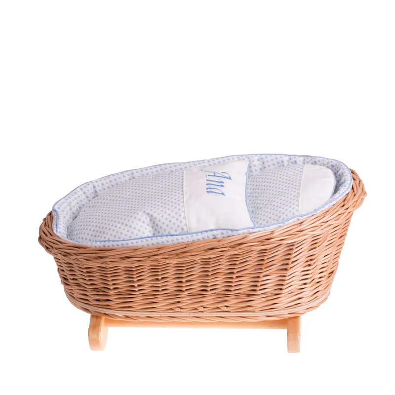 Mimi wicker cradle for dolls with personalization, blue lining, pillow and duvet TheWickerStories