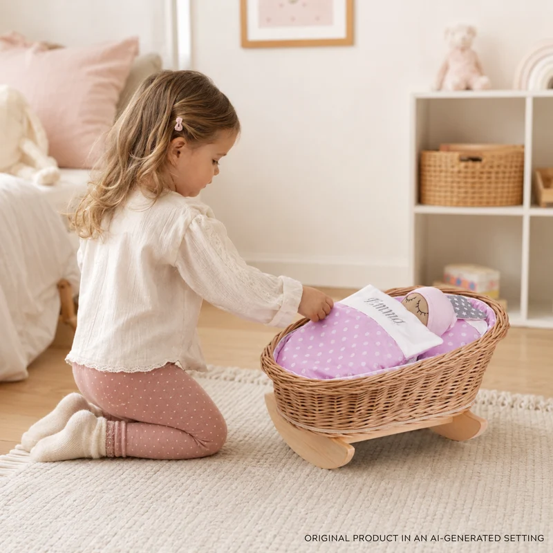Mimi wicker cradle for dolls with personalization, pink lining, pillow and duvet TheWickerStories