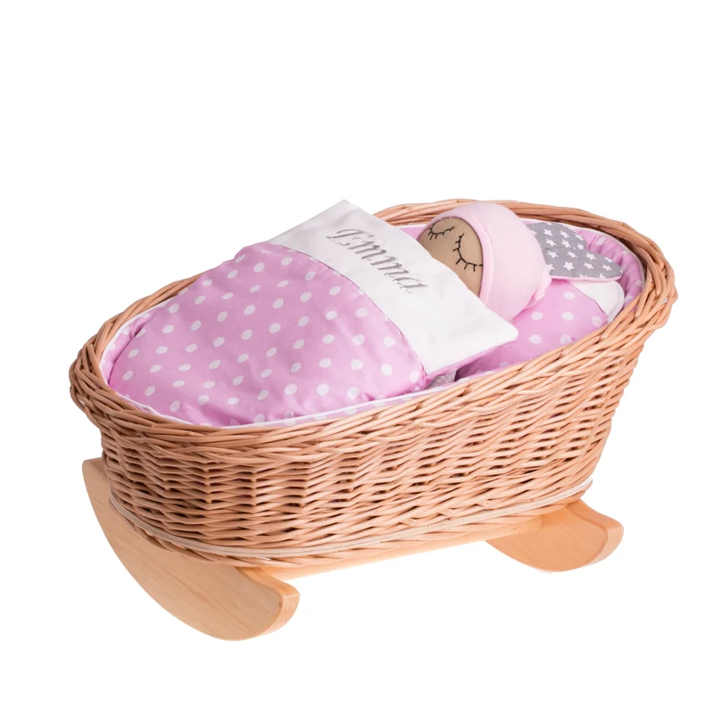 Mimi wicker cradle for dolls with personalization, pink lining, pillow and duvet TheWickerStories