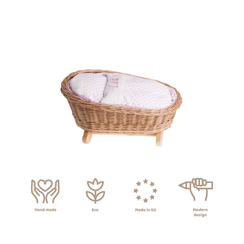 Mimi wicker cradle for dolls with personalization, pink lining, pillow and duvet TheWickerStories