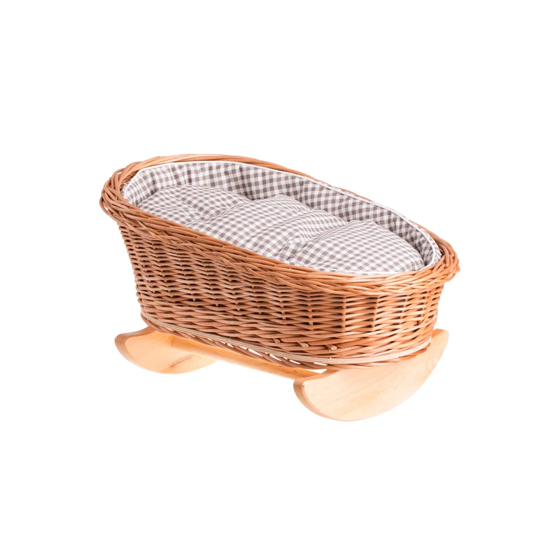 Mimi wicker cradle for dolls with brown lining, pillow and duvet TheWickerStories