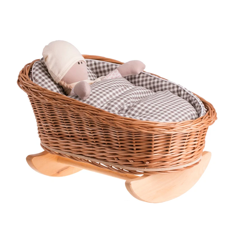 Mimi wicker cradle for dolls with brown lining, pillow and duvet TheWickerStories