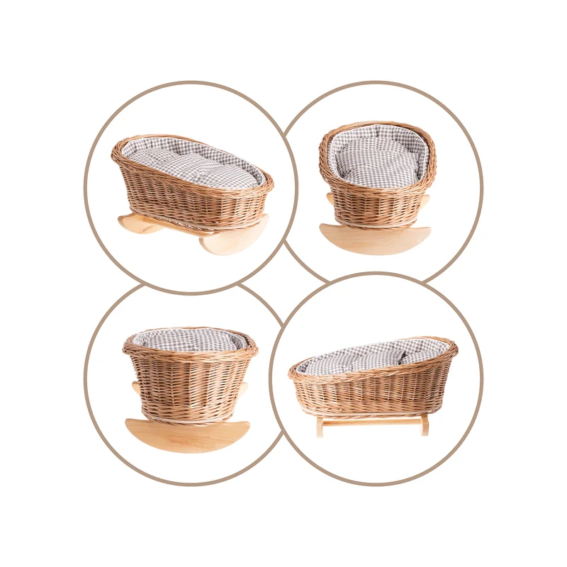 Mimi wicker cradle for dolls with brown lining, pillow and duvet TheWickerStories