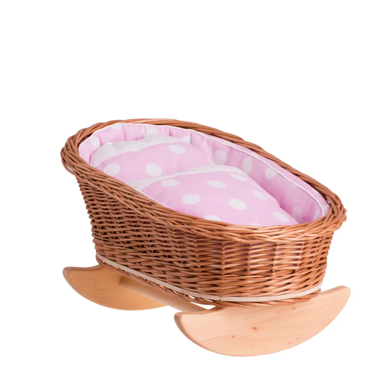 Mimi wicker cradle for dolls with pink lining, pillow and duvet TheWickerStories