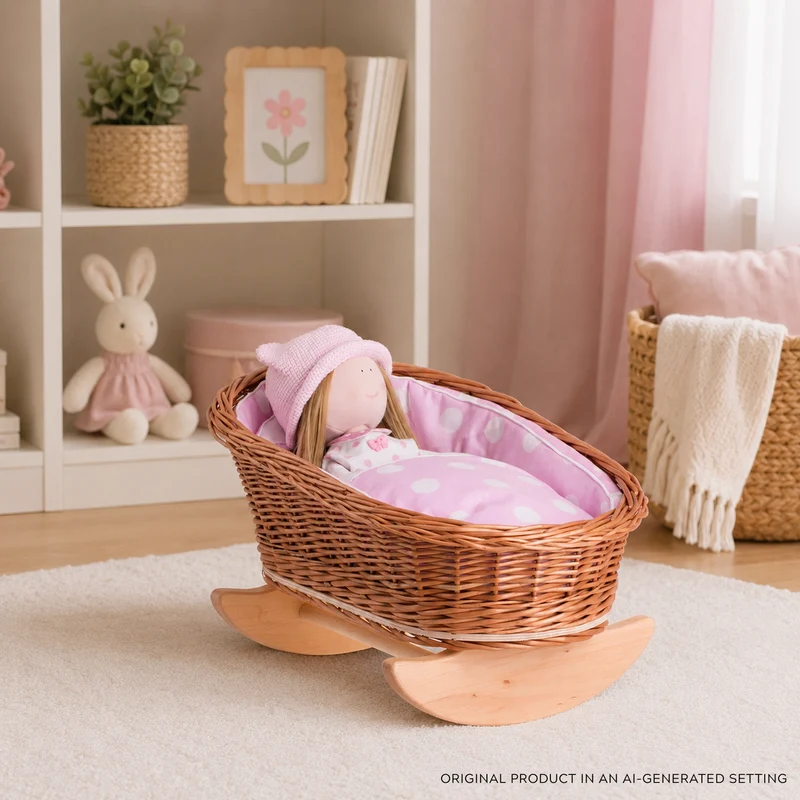 Mimi wicker cradle for dolls with pink lining, pillow and duvet TheWickerStories