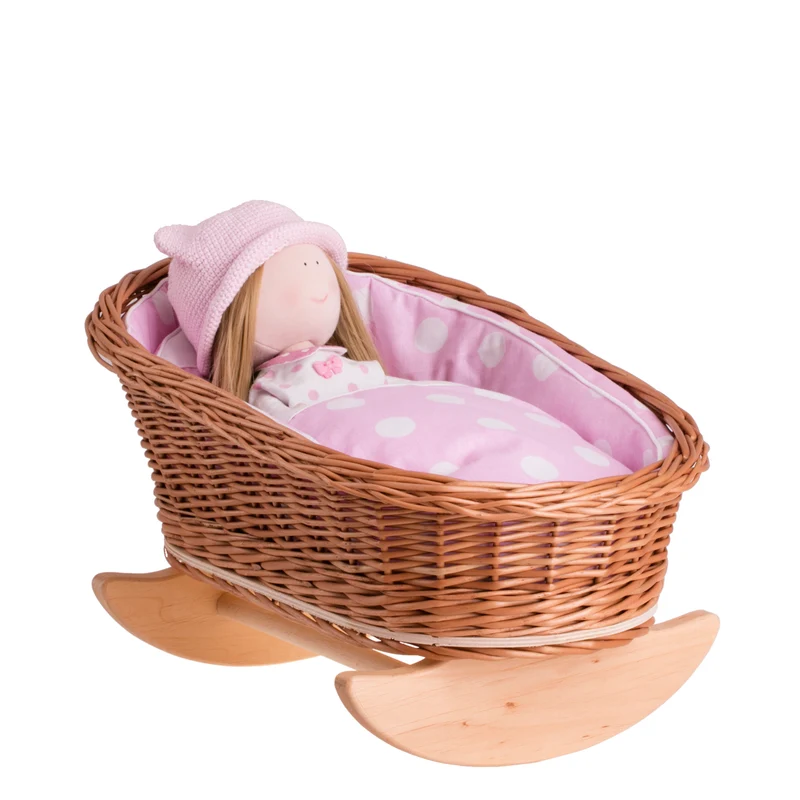 Mimi wicker cradle for dolls with pink lining, pillow and duvet TheWickerStories