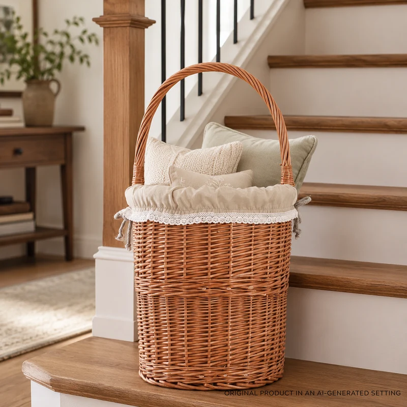 Ovis wicker stair basket, storage container, stair organizer with trim TheWickerStories