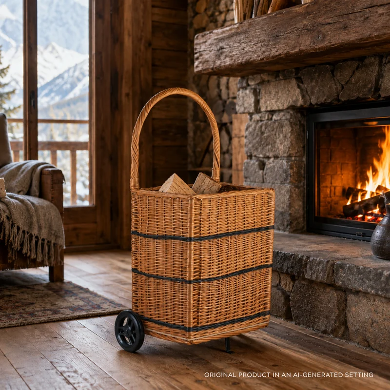 Solette wicker firewood basket with wheels and handle TheWickerStories