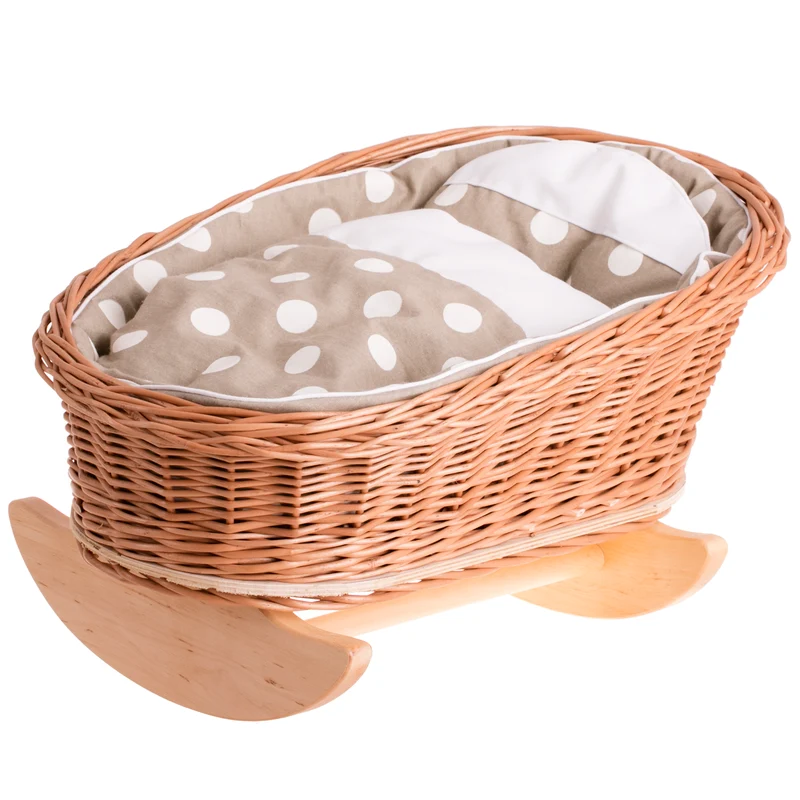 Mimi wicker cradle for dolls with beige lining, pillow and duvet TheWickerStories