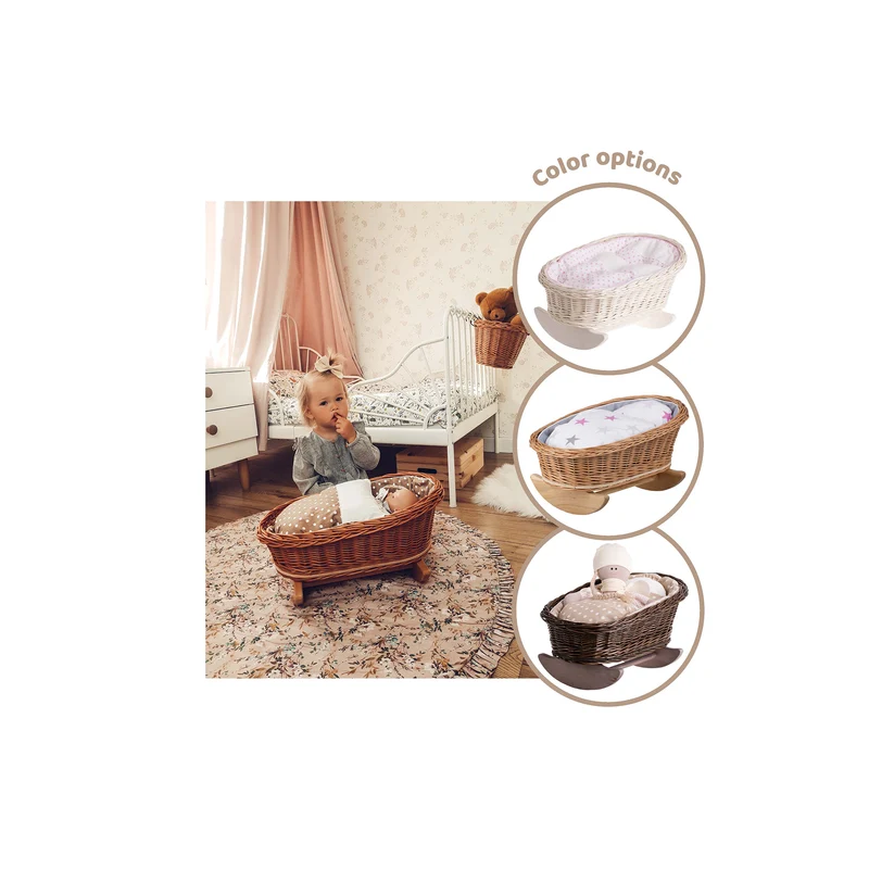 Mimi wicker cradle for dolls with beige lining, pillow and duvet TheWickerStories