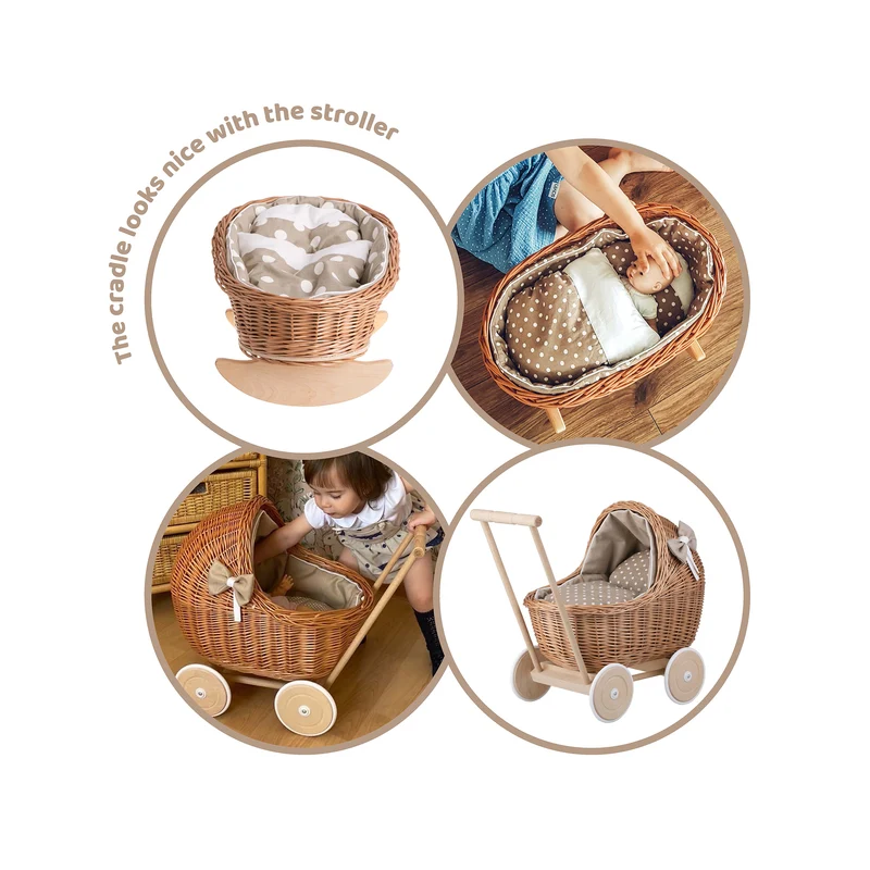 Mimi wicker cradle for dolls with beige lining, pillow and duvet TheWickerStories