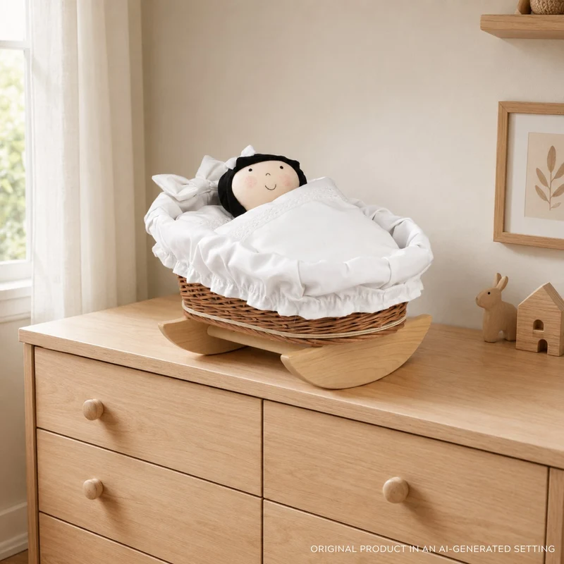 Mimi wicker cradle for dolls with white lining, pillow and duvet TheWickerStories