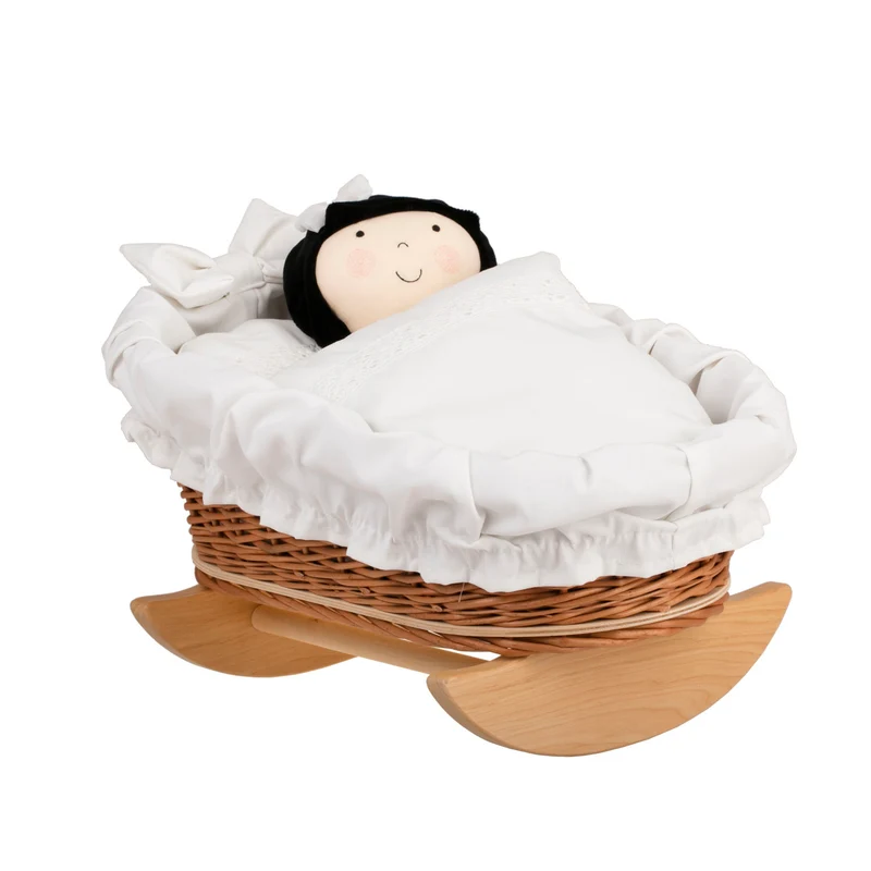 Mimi wicker cradle for dolls with white lining, pillow and duvet TheWickerStories