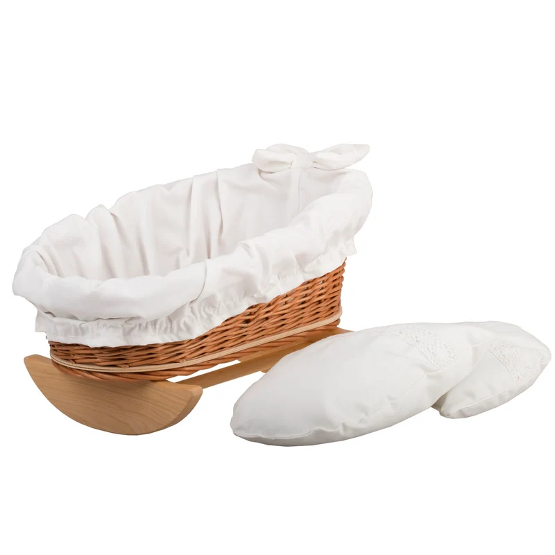 Mimi wicker cradle for dolls with white lining, pillow and duvet TheWickerStories