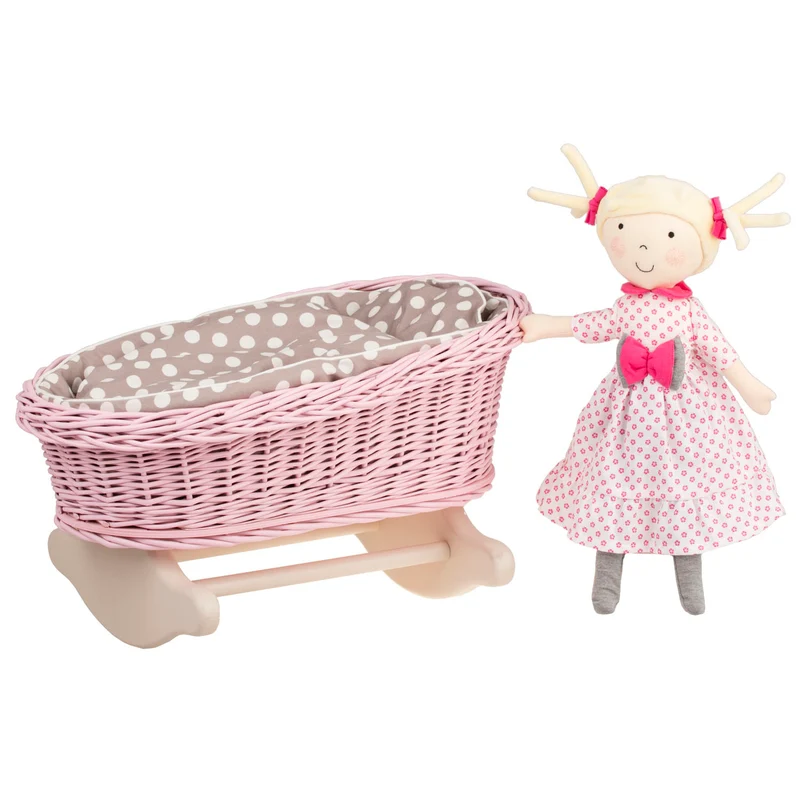 Mimi wicker cradle for dolls with beige lining, pillow and quilt TheWickerStories