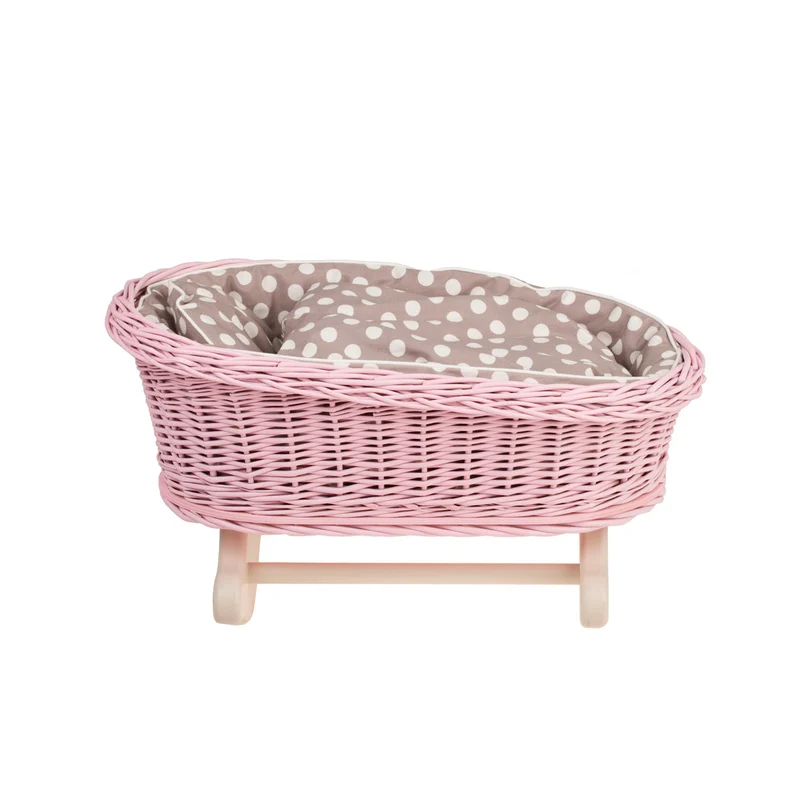 Mimi wicker cradle for dolls with beige lining, pillow and quilt TheWickerStories