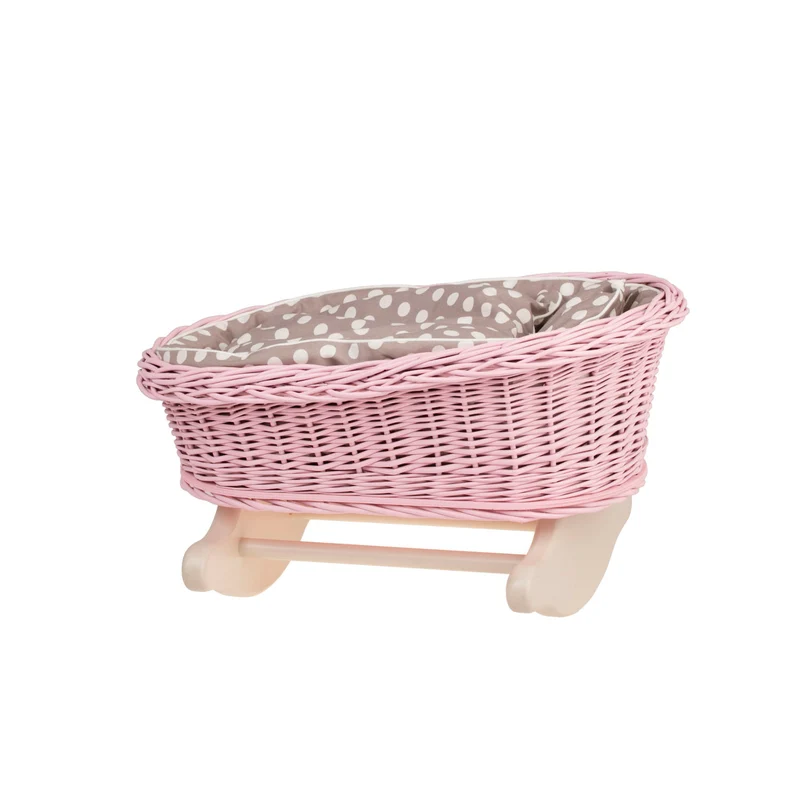 Mimi wicker cradle for dolls with beige lining, pillow and quilt TheWickerStories