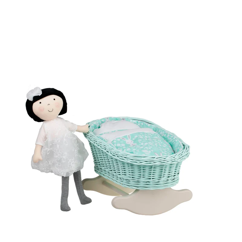 Mimi wicker cradle for dolls with mint lining, pillow and quilt TheWickerStories