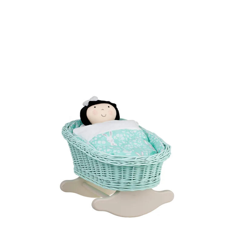 Mimi wicker cradle for dolls with mint lining, pillow and quilt TheWickerStories
