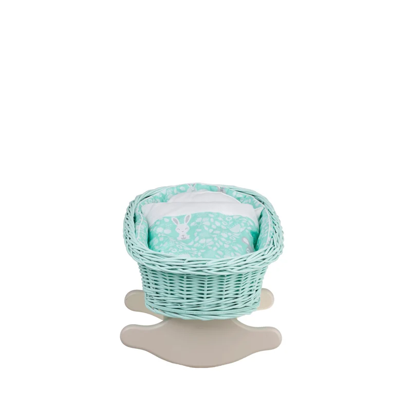 Mimi wicker cradle for dolls with mint lining, pillow and quilt TheWickerStories