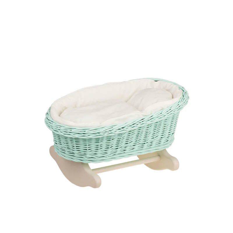 Mimi wicker doll cradle with white trim, pillow and blanket TheWickerStories