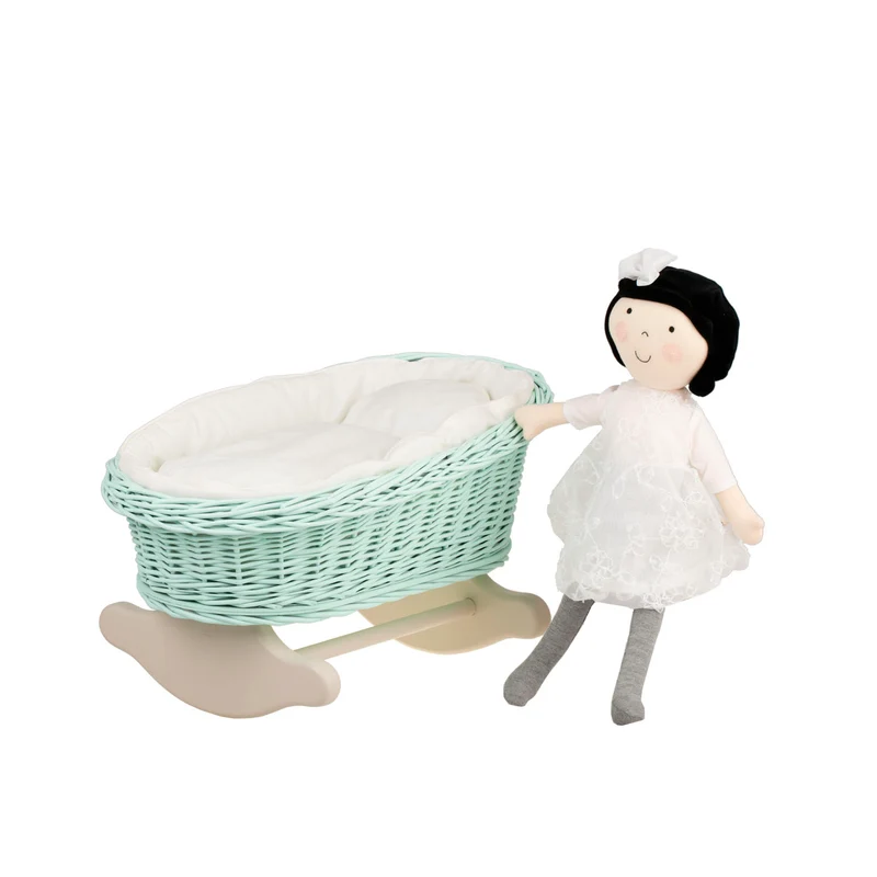 Mimi wicker doll cradle with white trim, pillow and blanket TheWickerStories