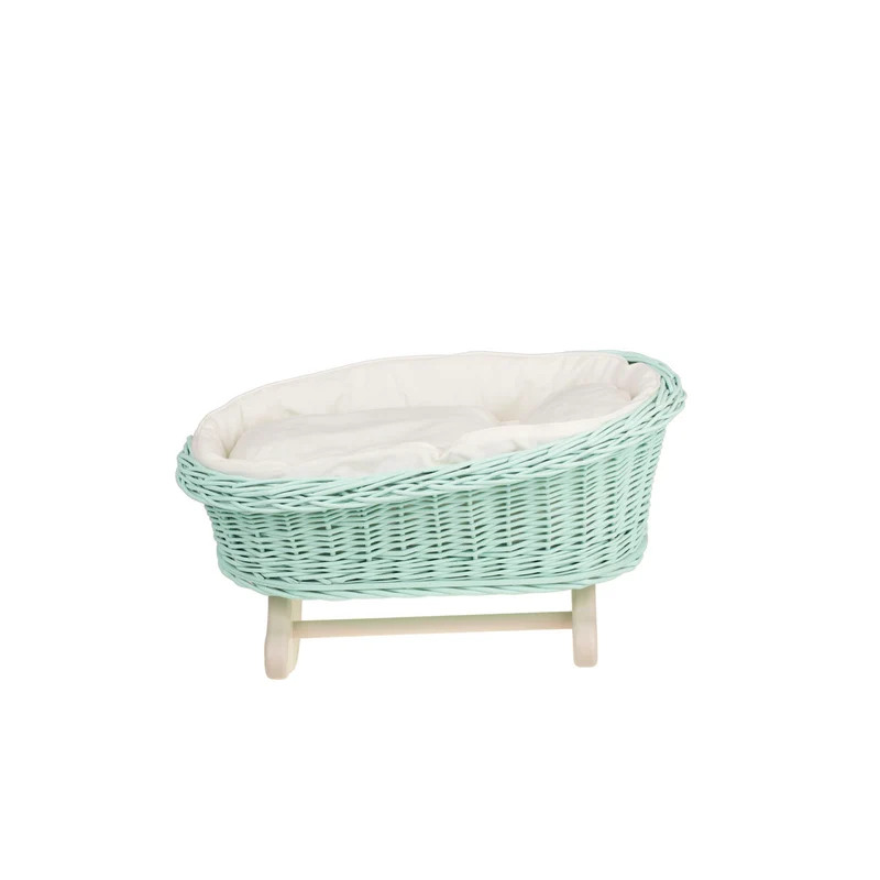 Mimi wicker doll cradle with white trim, pillow and blanket TheWickerStories