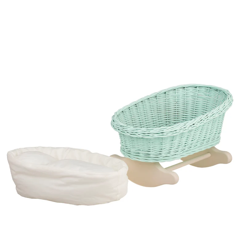 Mimi wicker doll cradle with white trim, pillow and blanket TheWickerStories