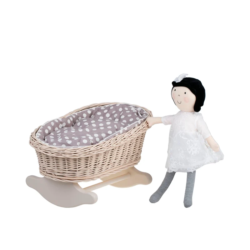 Mimi wicker cradle for dolls with beige trim, pillow and quilt TheWickerStories