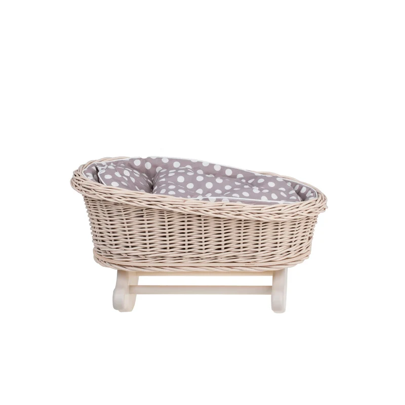 Mimi wicker cradle for dolls with beige trim, pillow and quilt TheWickerStories