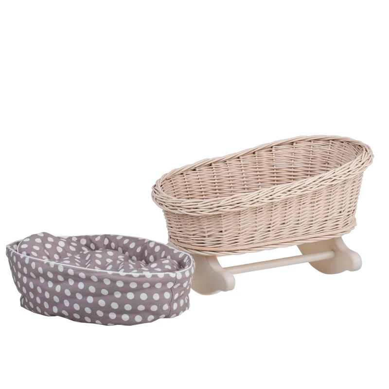 Mimi wicker cradle for dolls with beige trim, pillow and quilt TheWickerStories